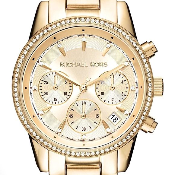 Michael Kors Women's Ritz Gold Toned Stainless Steel Watch With Crystal Topring - Picture 2 of 12